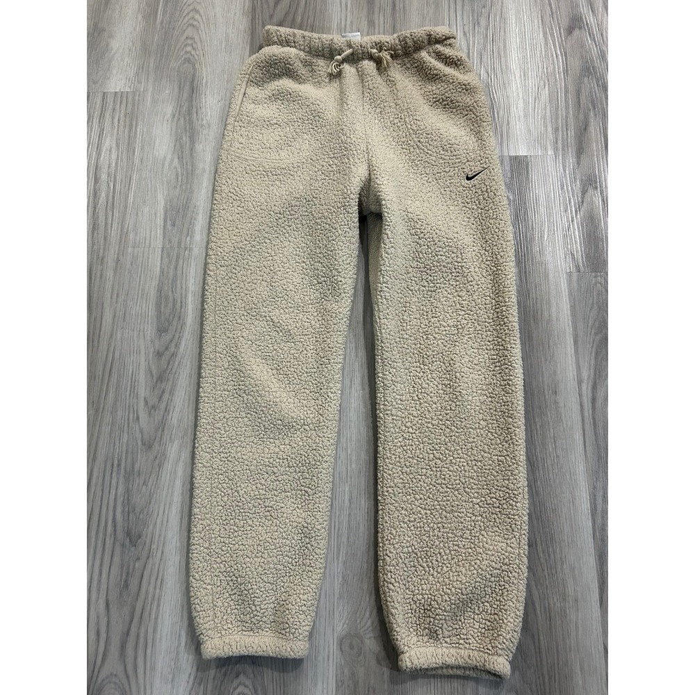 Nike Womens Therma-FIT Sherpa Faux Fur teddy bear Joggers M Tan Beige Pants